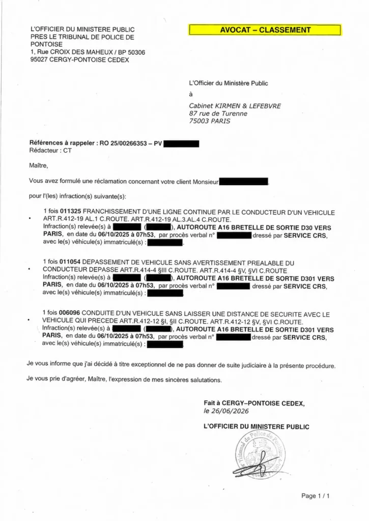 Classement sans suite obtenu par le Cabinet Kirmen & Lefebvre, avocats en droit routier