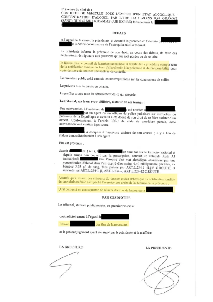 Vice de procédure alcoolémie notification du taux. Relaxe obtenue par le Cabinet Kirmen & Lefebvre